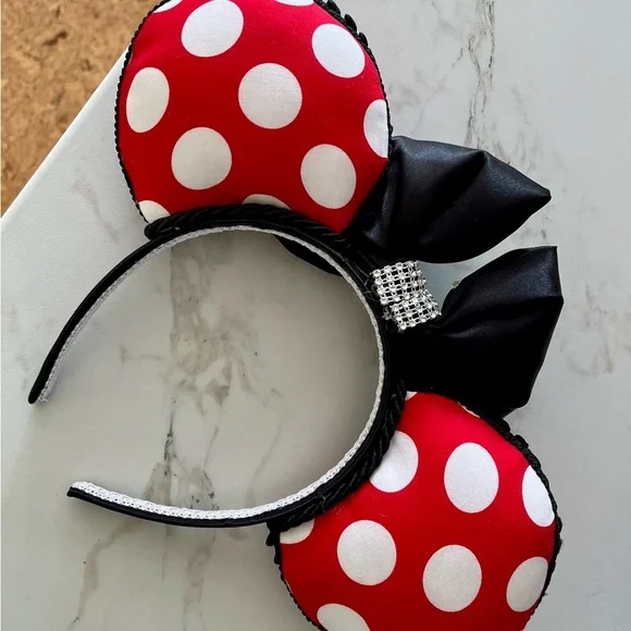 Red Polka Dot Mouse Ears Headband with Black Bow - Picture 2 of 3